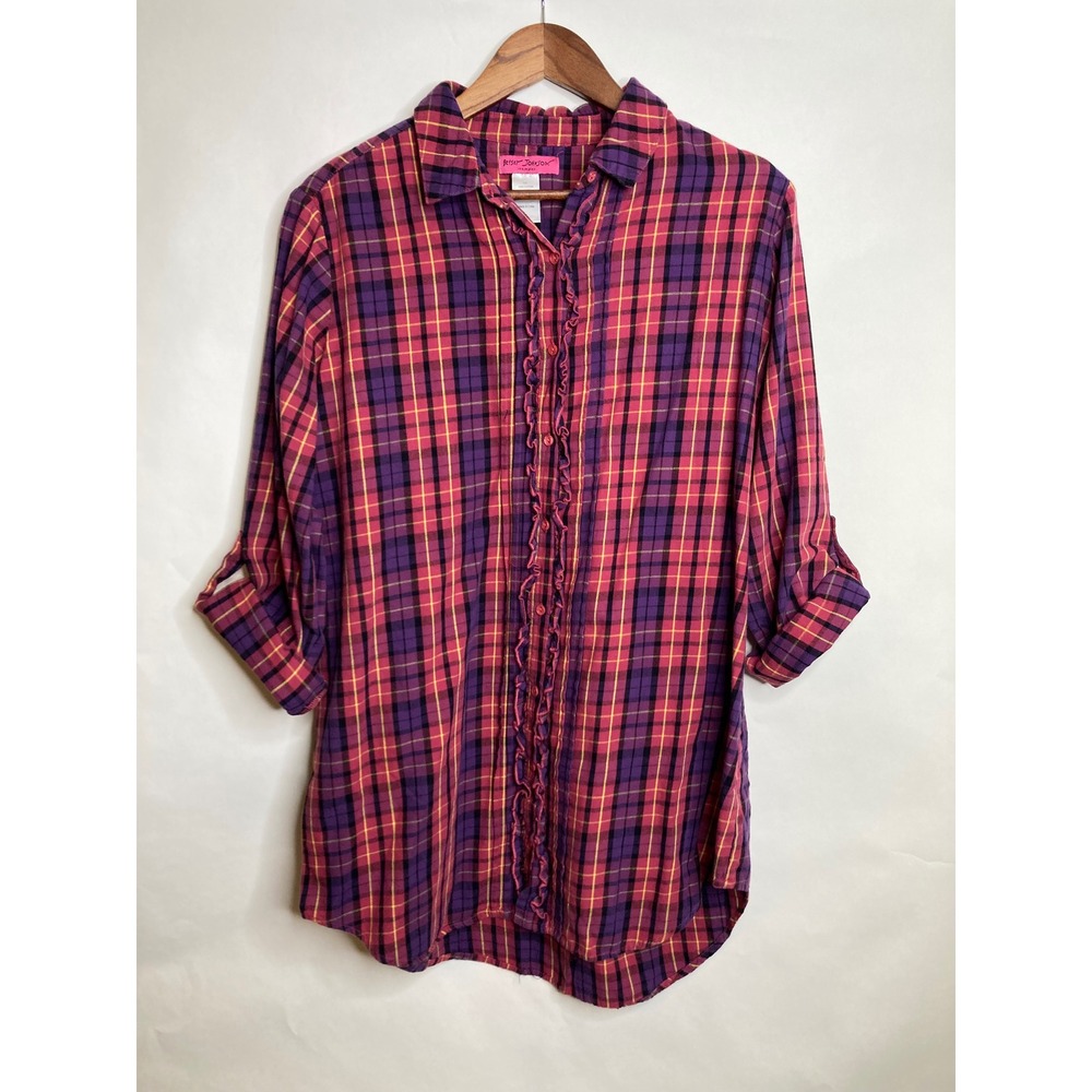 Betsey Johnson Intimates Womens Top L Pink Plaid Ruffle Button Pajama Loungewear - Picture 6 of 9